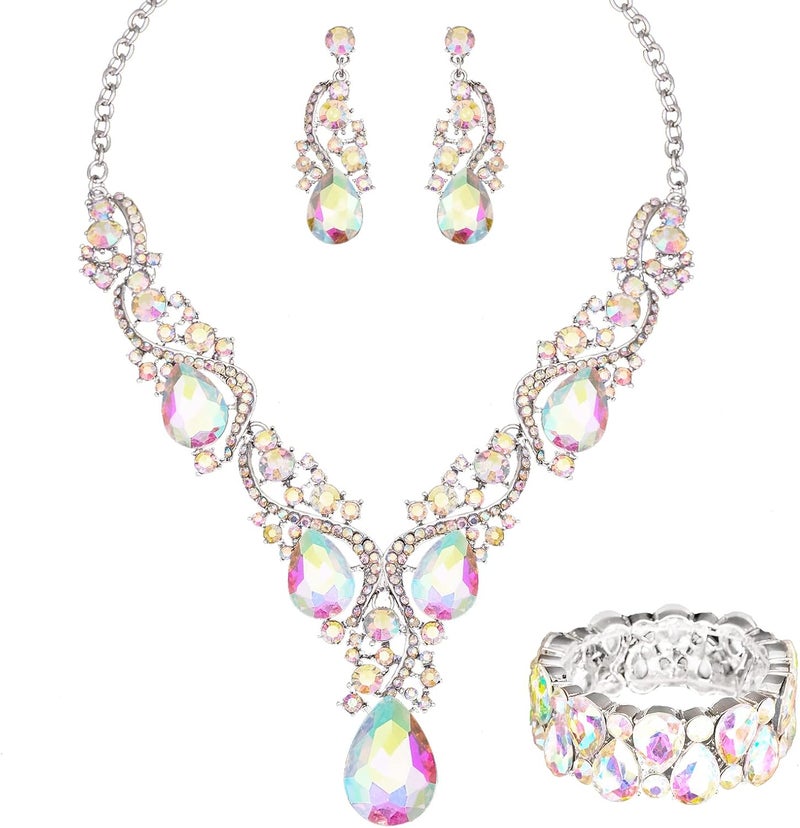 CSY Women's Elegant Bridal Necklace Earrings Stretch Bangle Bracelsts Set for Bride Bridesmaid Wedding Teardrop Crystal Costume Jewelry Sets - Image 1